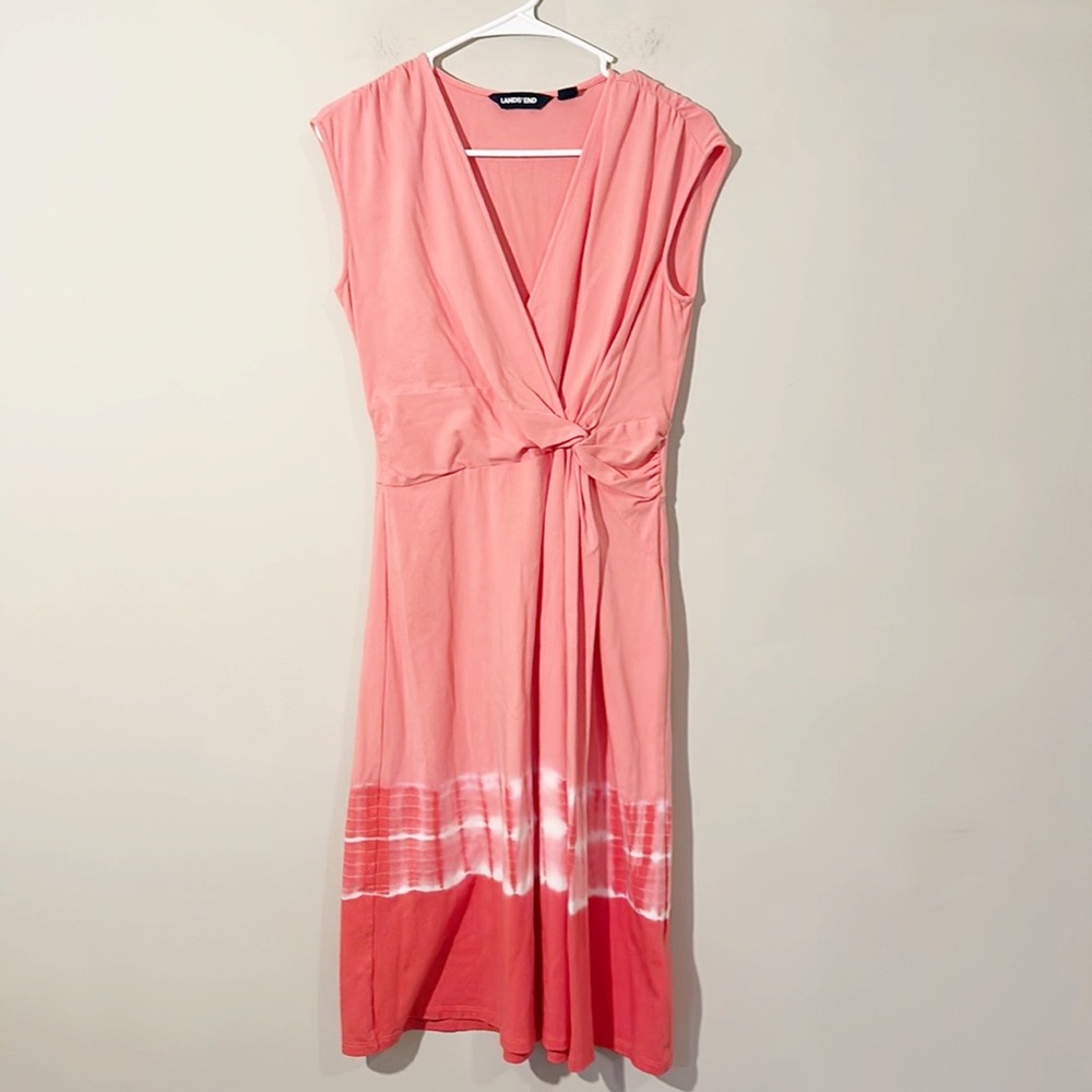 NEW Lands End Sleeveless Coral Faux Wrap tie dyed midi casual dress women size S